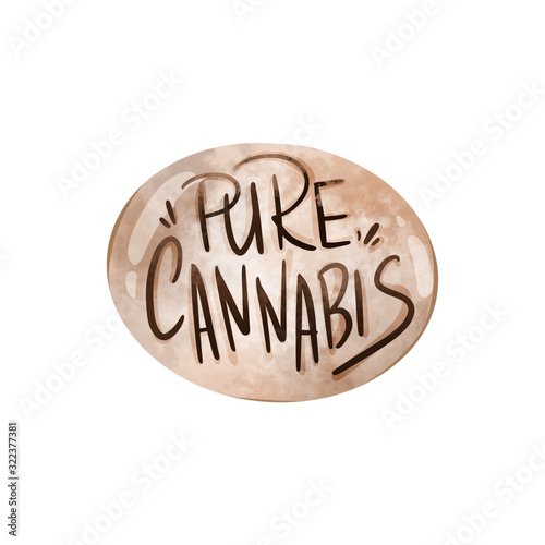 Digital illustration of a beauty modern oval emblem with hand lettering pure cannabis. Print for packaging, banners, cards, fabrics, wrapping paper, branding, advertising.