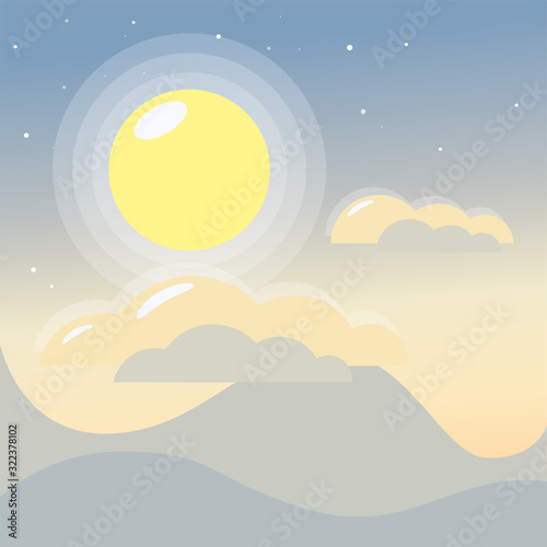 Sun landscape vector flat Illustration on a morning colors gradient backgroud with constellation of stars and soft light aroud mountains and clouds. Astronomy,  childrens book concept