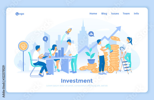 Investment, strategic management. Business team working together on financial success strategy. Startup, new idea and stacks of coins. landing web page design template decorated with people characters