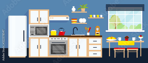 Kitchen interior with furniture and window.