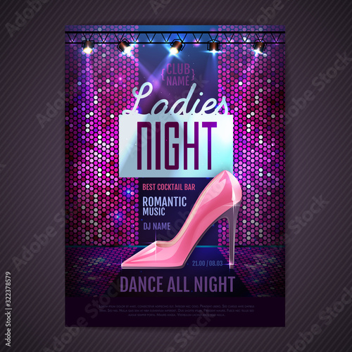 Disco ball background. Disco party poster ladies night. Womens day party