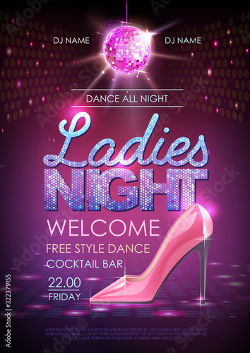 Disco ball background. Disco party poster ladies night. Womens day party