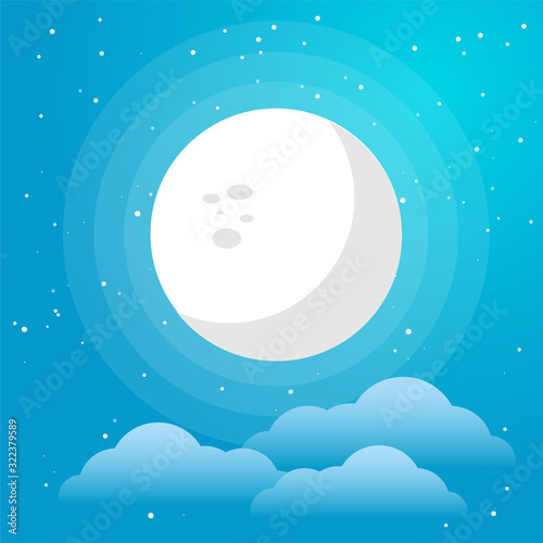 Full Moon vector flat Illustration on a blue colors gradient backgroud with constellation of stars. clouds and soft light. Used for logo  icon or templates for web