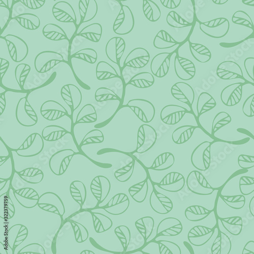 Simple doodle leaves seamless vector pattern in pale green colors. Minimal nature themed surface print design.