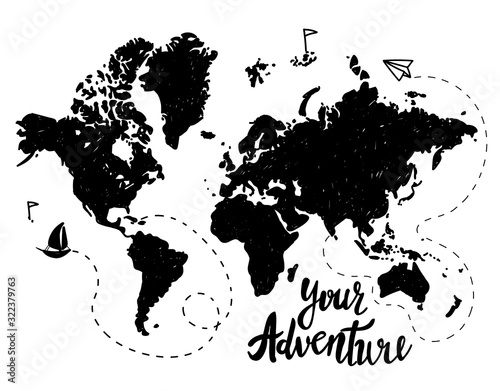 Your adventure. Drawing by hand, children's drawing. World map, geographical map. Airplane, ship, route. . Poster, postcard, print on the T-shirt. Monochrome pattern in vintage style.