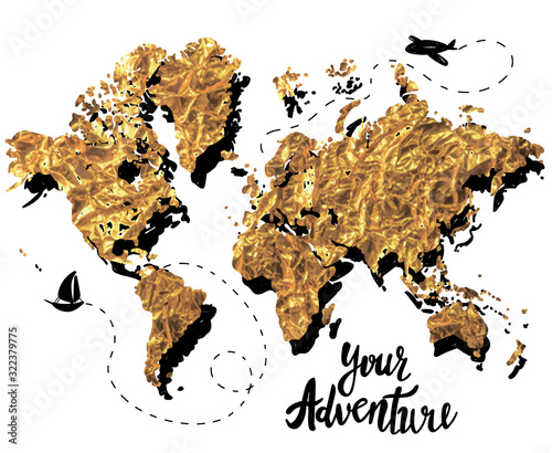 Your adventure. Drawing by hand, children's drawing. World map, geographical map. Airplane, ship, route. . Poster, postcard, print on the T-shirt. Monochrome pattern in vintage style.