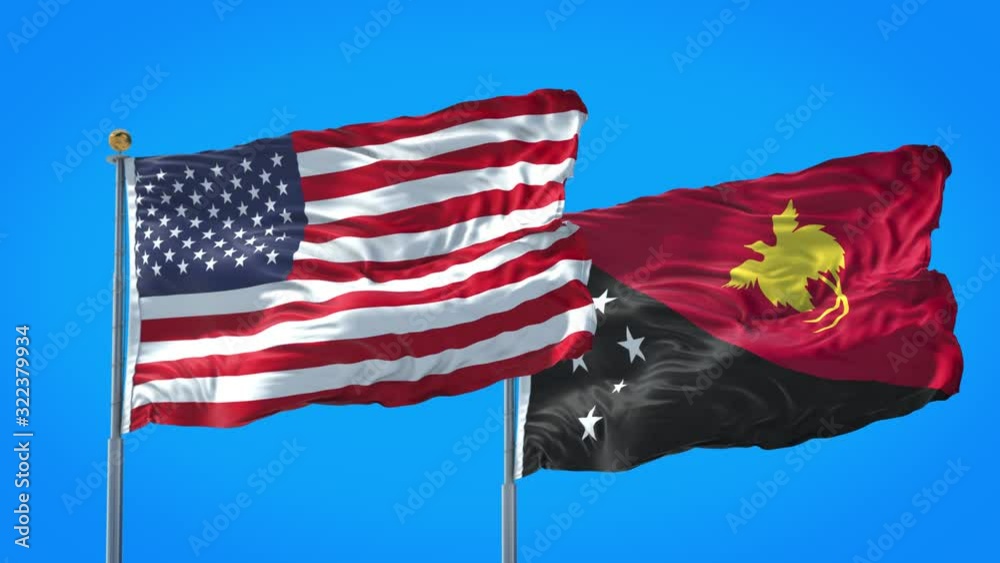 Papua New Guinea and United States flag waving in deep blue sky together. High Definition 3D Render.