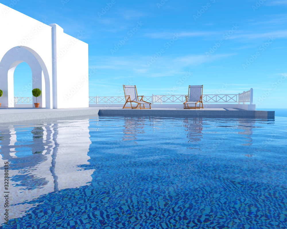 Naklejka premium Pool house exterior with lounge chairs. 3D rendering.