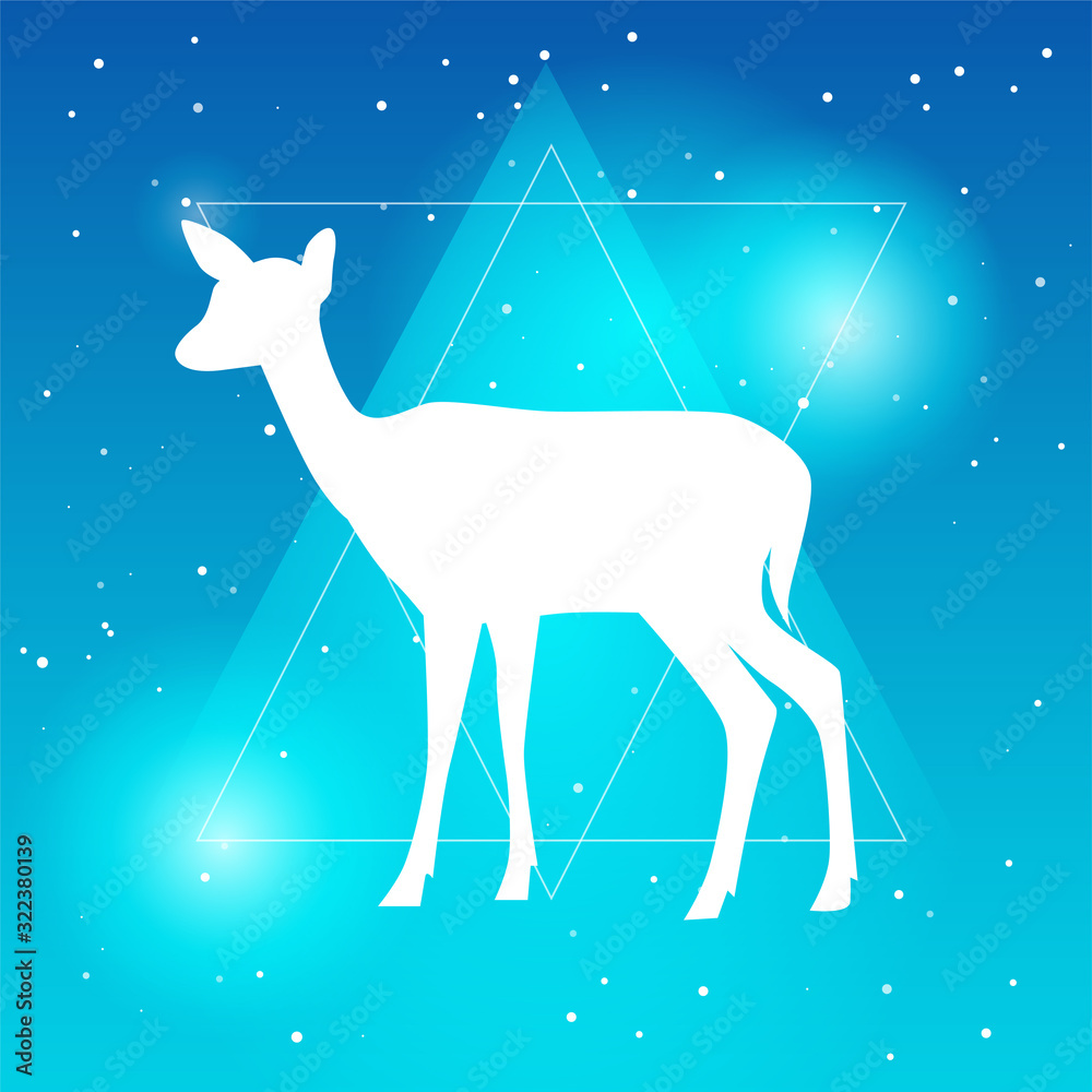 Vector silhouette of deer or doe flat Illustration on a gradient sky blue backgroud with constellation of stars and triangle frame. Used for logo, icon, UX/UI design or templates for web Vector silhouette of deer or doe flat Illustration on a gradient sky blue backgroud with constellation of stars and triangle frame. Used for logo, icon, UX/UI design or templates for web