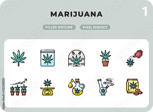 Marijuana Filled Icons Pack for UI. Pixel perfect thin line vector icon set for web design and website application.