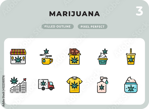 Marijuana Filled Icons Pack for UI. Pixel perfect thin line vector icon set for web design and website application.