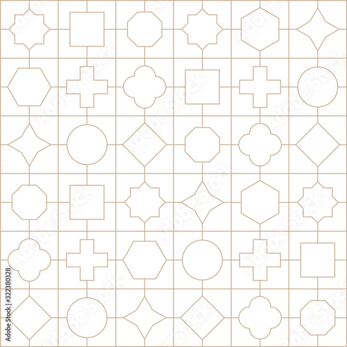Outline seamless geometric ornamental minimalistic pattern. White oriental luxury background. Grid symmetric design