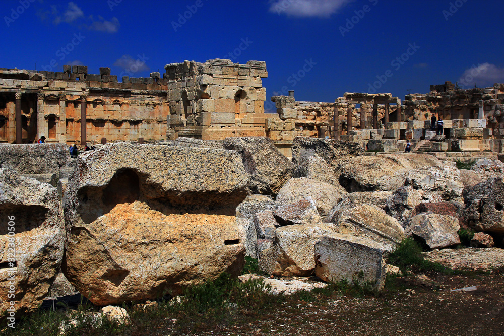 Ruins, unique architecture, carving of the ancient city of Baalbek. Lebanon.