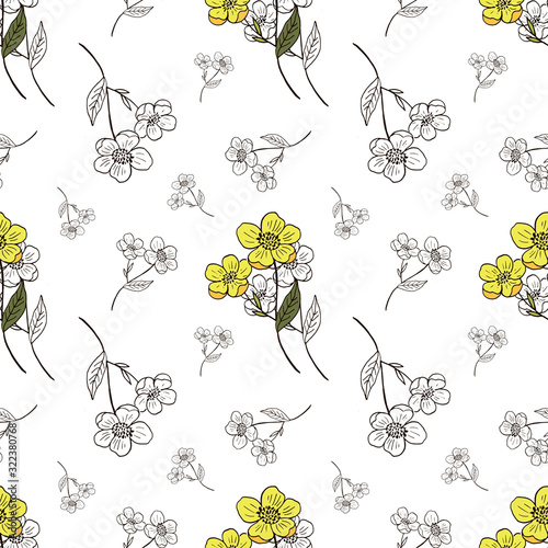 Seamless pattern of yellow vector flowers on a white background. Use as a decoration for menus, invitations, birthdays and weddings