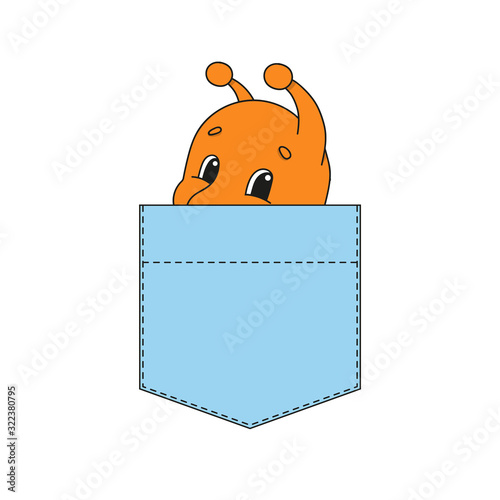 Cute character in shirt pocket. Snail mollusk. Colorful vector illustration. Cartoon style. Isolated on white background. Design element. Template for your shirts, stickers.