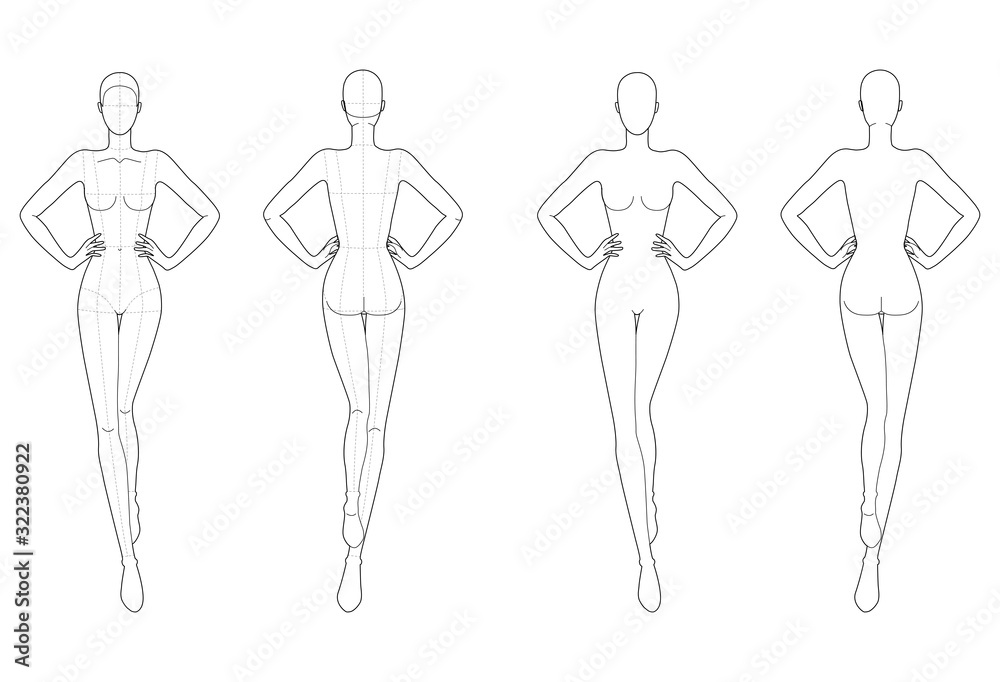 Fashion template 9 head for technical drawing. Fashion template 9 head for technical drawing.