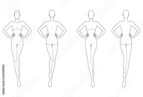 Fashion template 9 head for technical drawing. 