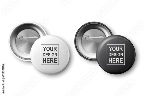 Vector 3d Realistic White and Black Metal, Plastic Blank Button Badge Icon Set Isolated on White Background. Top View. Front and Back Side. Template for Branding Identity, Logo, Presentations. Mock-up