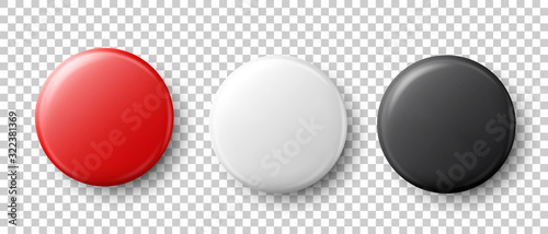 Vector 3d Realistic Red, White, Black Metal, Plastic Blank Button Badge Icon Set Isolated on Transparent Background. Top View. Design Template for Branding Identity, Logo, Presentations. Mock-up