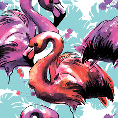 Fototapete Dschungelmuster fürs Kinderzimmer Aquarell Flamingos in tropischem Sommer  © RantGoil