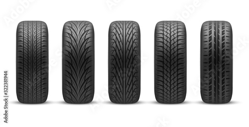 Realistic car tires with different tread patterns photo