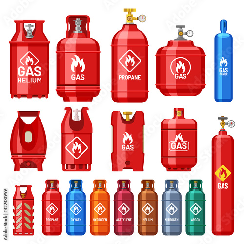Different gas cylinders with valve and meter gauge