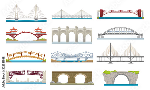 Different types of bridges architecture flat icons