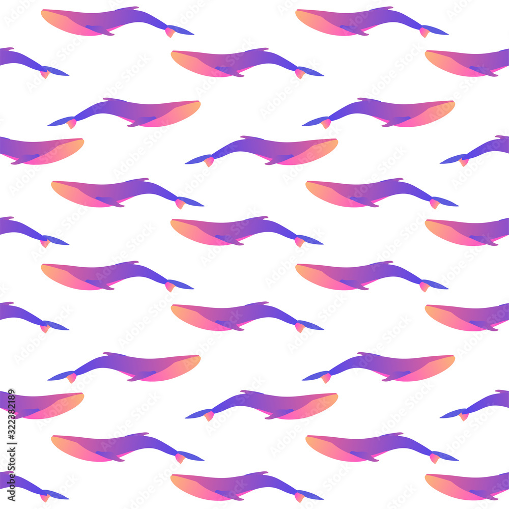 Vector seamless pattern on white background with whales in gradient modern colors. For prints, textile, flat slyle. Marine concept for design Vector seamless pattern on white background with whales in gradient modern colors. For prints, textile, flat slyle. Marine concept for design
