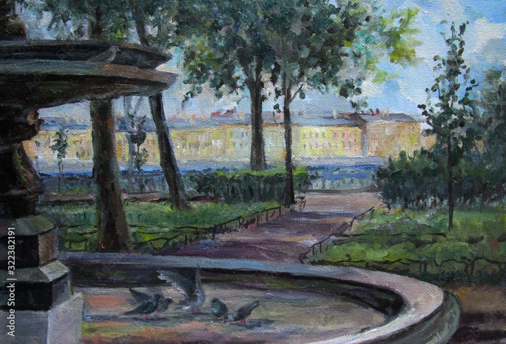 Saint-Petersburg street architecture in summer, oil painting