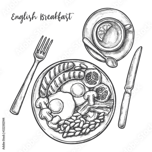 Sketch English breakfast menu eggs, bacon, sausage
