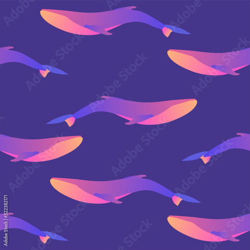 Vector seamless pattern on deep blue violet background with whales in gradient modern colors. For prints, textile, UX/UI modern flat slyle