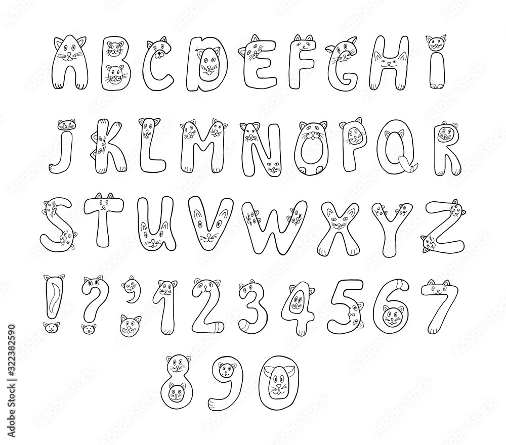 English black and white letters with cat in doodles style. Alphabet vector Illustration on a white background. English black and white letters with cat in doodles style. Alphabet vector Illustration on a white background.
