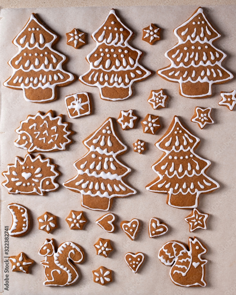 Christmas gingerbread cookies in the shape of trees and animals