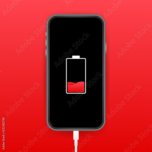 Smartphone charger adapter and electric socket, low battery notification. Vector stock illustration.