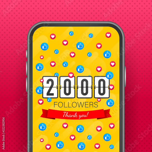 Thank you 2000 followers numbers. Congratulating multicolored thanks image for net friends likes.