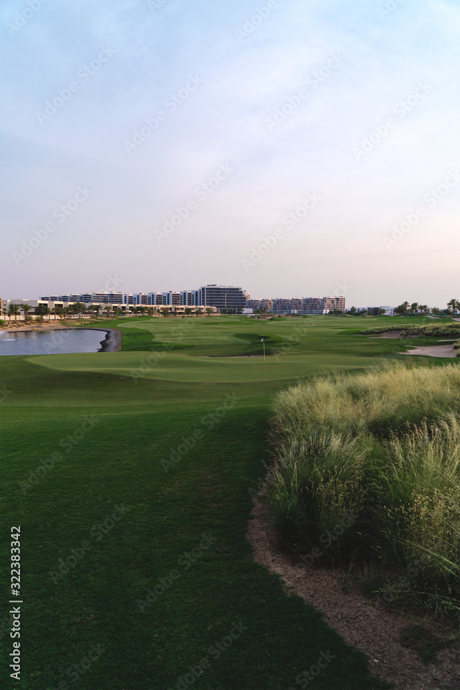 Stunning panoramic view of the green golf course in Dubai, UAE 