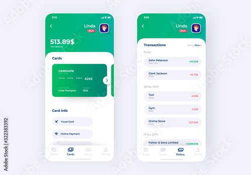 Banking app UI kit prototype. UI design of mobile finance application.