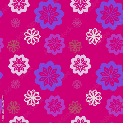 Seamless repeat pattern with violet, white and gold flowers on pink background. drawn fabric, gift wrap, wall art design, wrapping paper, background, fabric print, web page backdrop.