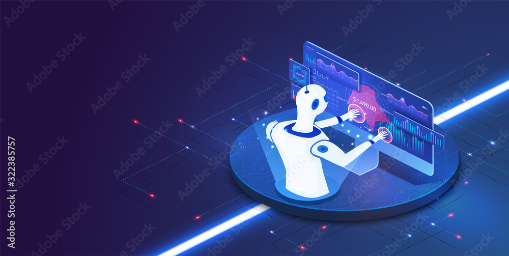 Isometric Maintenance robot working with digital display. Robot trading on  stock market. Computer software of trade on stock exchange. Vector  illustration vector de Stock | Adobe Stock