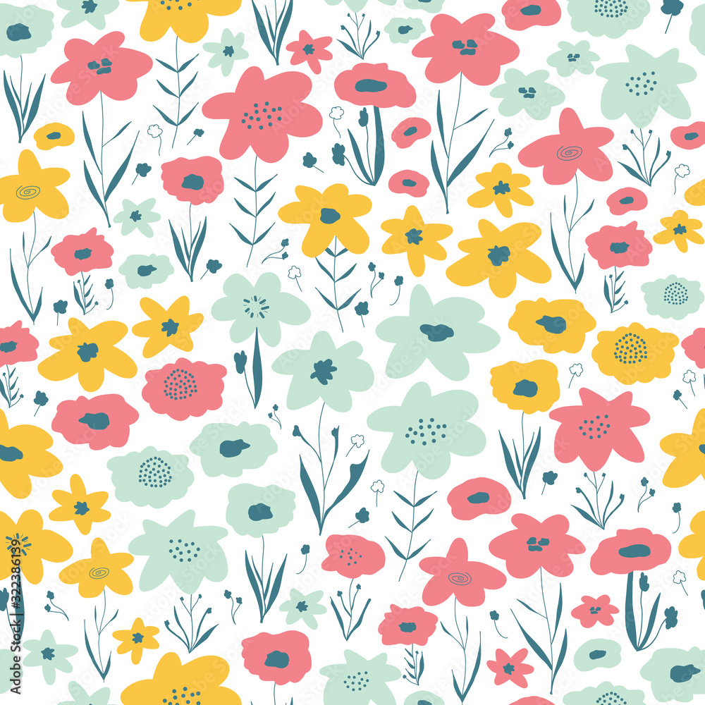 Naklejka Spring flower meadow seamless vector pattern. Blue pink yellow white floral background. Repeating ditsy flower field. Summer or spring nature design. Use for fabric, kids wear, wrapping, surface decor