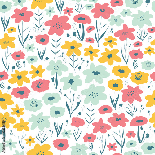 Spring flower meadow seamless vector pattern. Blue pink yellow white floral background. Repeating ditsy flower field. Summer or spring nature design. Use for fabric, kids wear, wrapping, surface decor