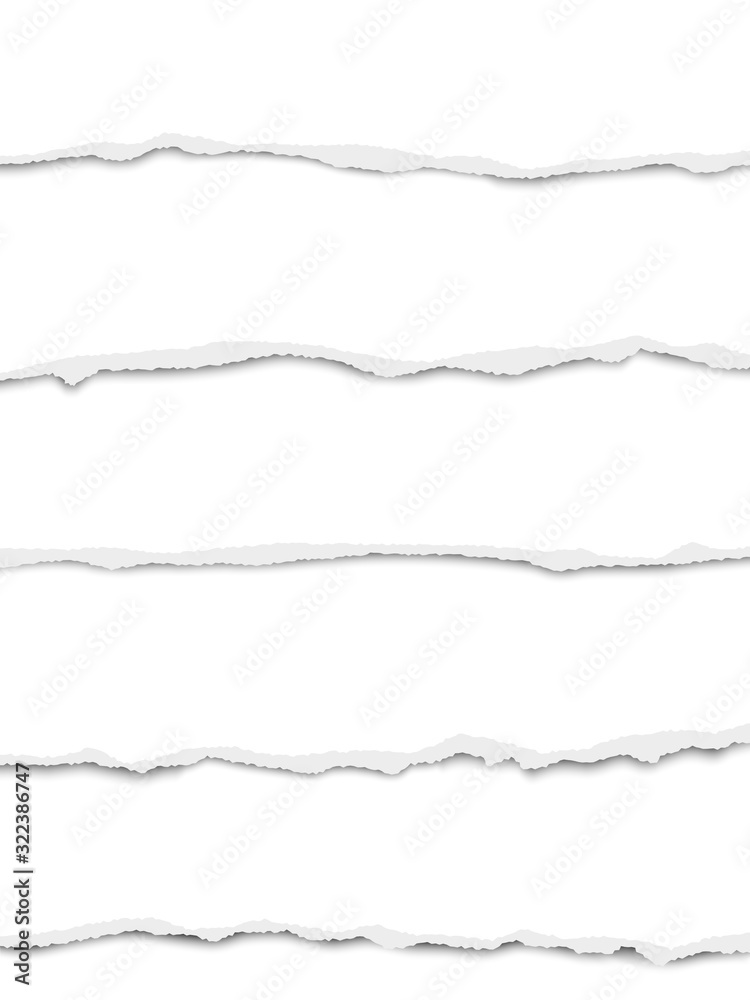 Five oblong torn white paper wisps placed one under another with soft shadow. Vector paper mock up.