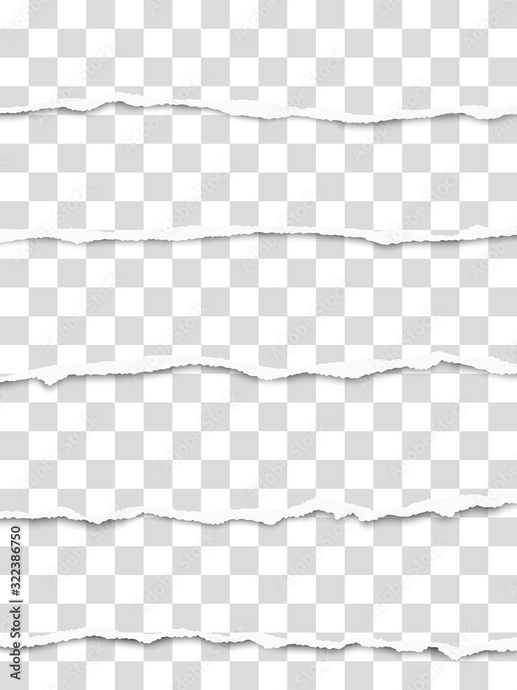 Five oblong torn transparent paper fragments placed one under another with soft shadow. Vector paper template. Five oblong torn transparent paper fragments placed one under another with soft shadow. Vector paper template.