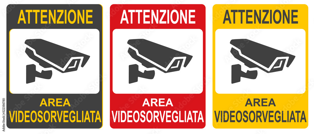 Set of stickers of closed Circuit Television Sign vector colorful illustration. Inscription in Italiano: 