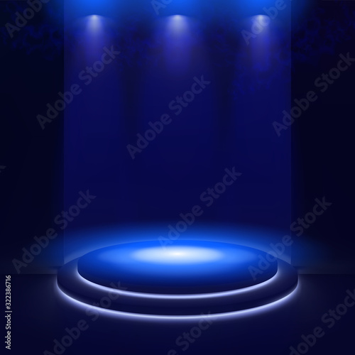 Illuminated stage with scenic lights and smoke. Blue vector spotlight with smoke volume light effect on black background. Stadium cloudiness projector. Mist show room. Vector. EPS 10