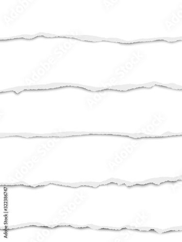 Five oblong torn white paper wisps placed one under another with soft shadow. Vector paper mock up.