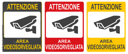 Set of stickers of closed Circuit Television Sign vector colorful illustration. Inscription in Italian: "Warning. CCTV in operation."