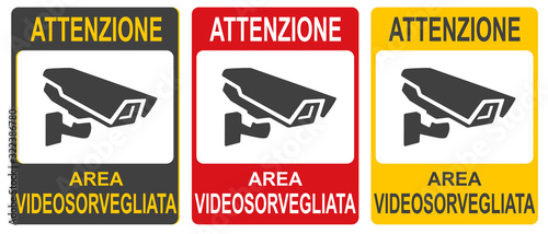 Set of stickers of closed Circuit Television Sign vector colorful illustration. Inscription in Italiano: "Warning. CCTV in operation."