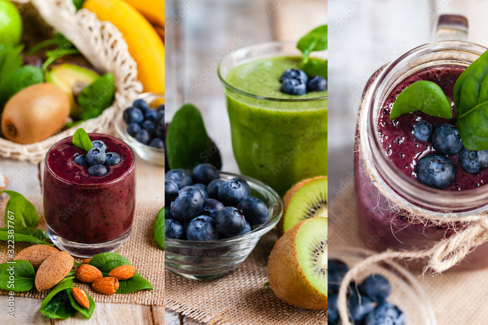 Healthy food and vegan diet concept collage - fresh juice or smoothie with blueberry, spinach, banana, kiwi. Antioxidant detox beverage with raw ingredients.  Wooden background, close up, macro