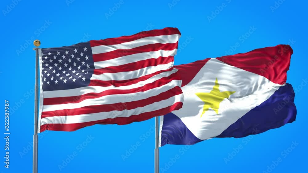 Saba and United States flag waving in deep blue sky together. High Definition 3D Render. Saba and United States flag waving in deep blue sky together. High Definition 3D Render.